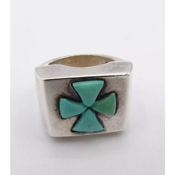 Maltese Cross Turquoise Ring Sterling Silver (not polished) Pre-owned Size 5 - Picture 3 of 6